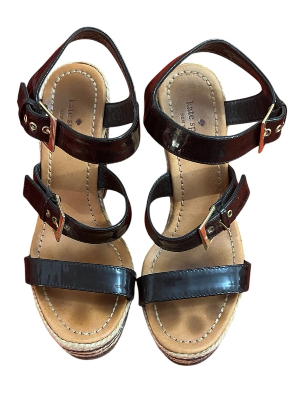 kate spade Black Patent Triple-Strap Espadrille Wedge Sandals